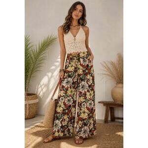 Faithfull The Brand Floral Wide Leg Pants Boho Resort Size M AS IS Zipper Repair